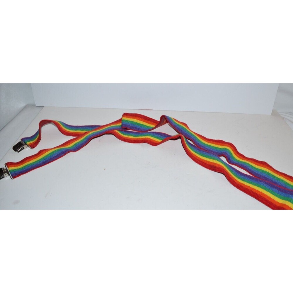 Vtg Elastic‎ Stretch Rainbow Striped Suspenders Unisex Clip 2" wide
